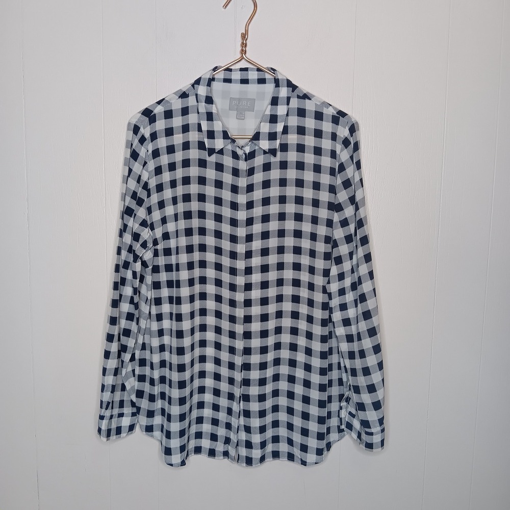 Pure Collection Shirt Size 14/16 Blue White Gingham Silk Quiet Luxury Office